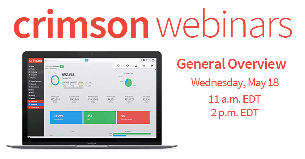 CMDI webinars held on May 18, 2021. A laptop sits on a white background with the Crimson home dashboard displaying on the screen. 